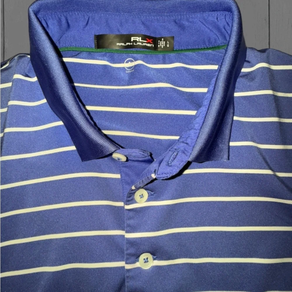 RLX Ralph Lauren Golf Polo Shirt Men’s Large Blue Stripe Performance Stretch